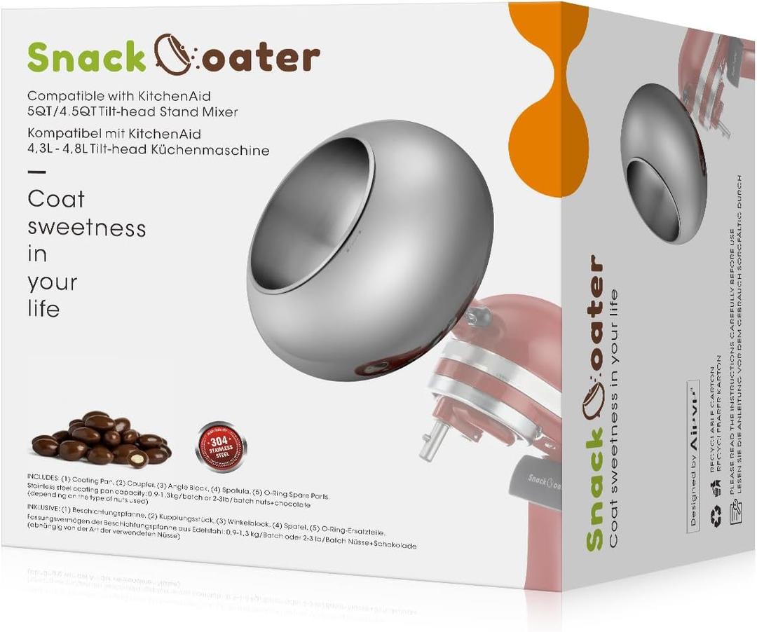 Aieve Snack Coater Compatible with KitchenAid Tilt-Head Stand Mixer for Making Chocolate Covered Almonds, Pistachio, Peanut, Freeze Dried Strawberry, Raisin, Macadamia Nuts and Blueberry