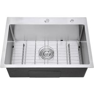 Brushed 25 Inch Drop in Kitchen Sink, 18 Gauge Stainless Steel Single Bowl Kitchen Sink with 2 Faucet Holes, 9'' Deep Basin Bowl with Grid, D25" x W18" x H9"