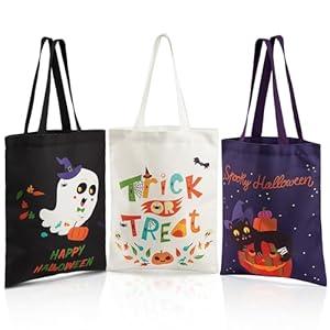 JOYIN 3PCS 15.7" Large Halloween Tote Treat Bag for Trick or Treat, Halloween Goodie Candy Bags, Reusable Black White Canvas Gift for Kid Party Favor Supply, Purple Snack Grocery Tote with Handle