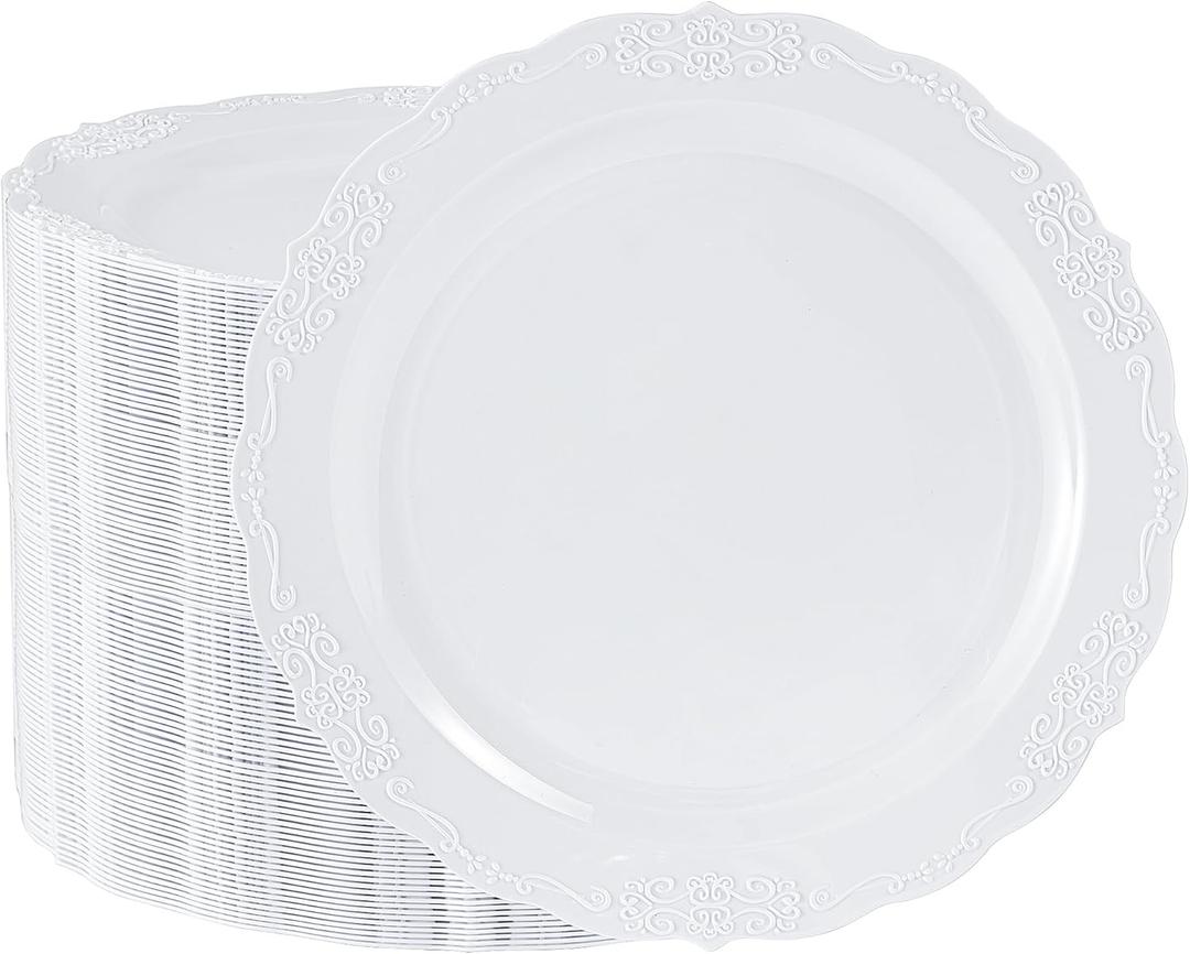 100 Pieces White Plastic Plates - 10.25inch Dinner Disposable Plates - Premium Heavy Duty Hard Disposable Dinner Plates - Party Supplies for Birthdays, Celebrations, Wedding