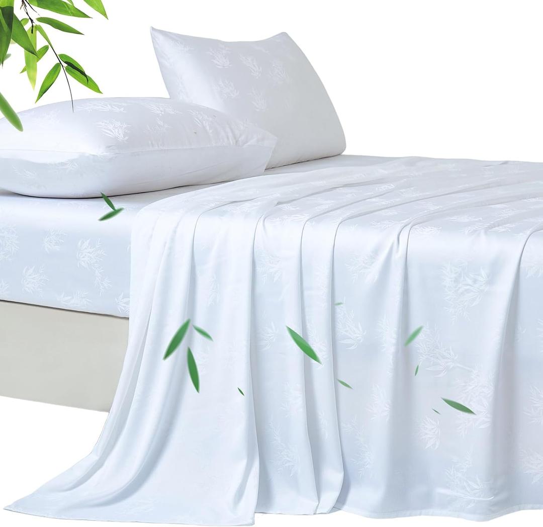 YIYEA 100% Organic Viscose Derived from Bamboo Sheets Full Size Set, Luxury 400TC Jacquard Bed Sheets, Soft Breathable Cooling Sheets,16" Deep Pocket, with 2 Sheet Fasteners (White, queen)