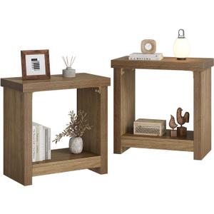End Tables Set of 2 for Living Room, Narrow Side Tables with Storage Shelves, Square End Table for Bedroom, Slim Nightstand, Skinny Rectangle Accent Table, Farmhouse Bedside Table, Brown (2 Pieces), 23.62 x 11.81 x 23.62 inches
