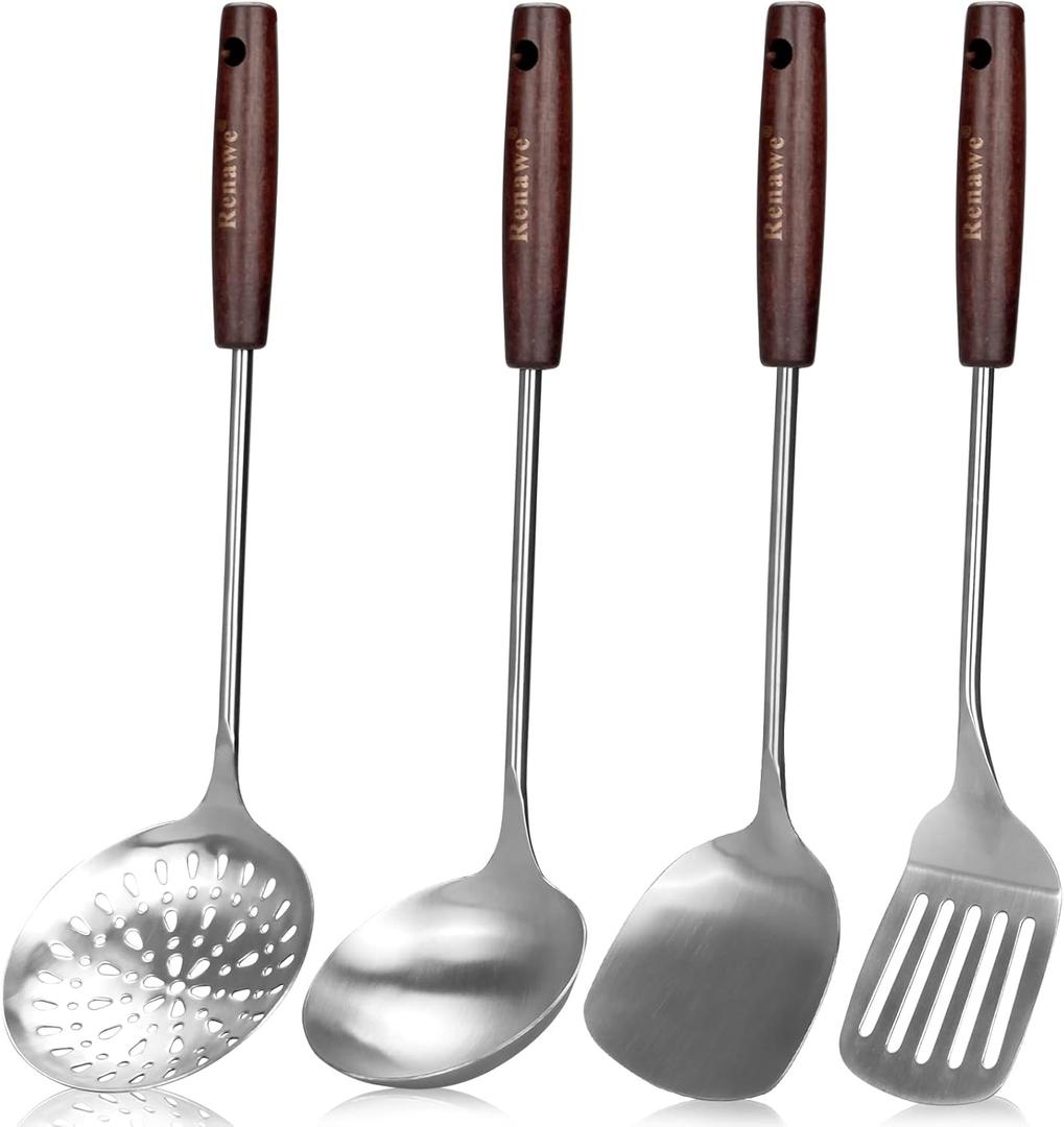15 inch Large Spatula Slotted Turner Soup Ladle 304 Stainless Steel Wok Spatula Set Slotted Spoon for Cooking Utensils Set Long Wooden Handle Ladles Kitchen Metal Spatulas Cooking Spoons (Silver)