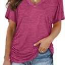 WIHOLL Womens Short Sleeve V Neck Dolman Tops with Side Shirring Loose Fit Shirts (Small, 4-fuchsia)