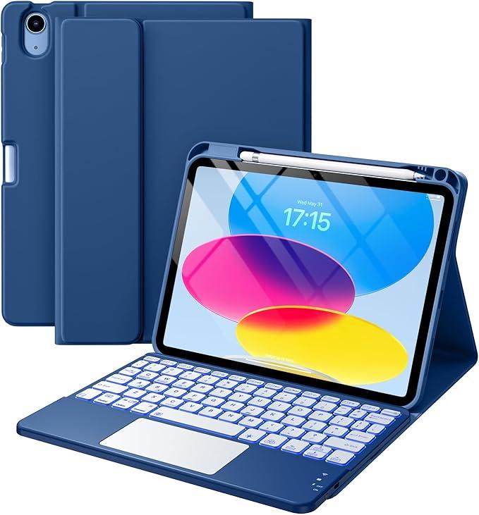 Compatible for iPad 11th 10th Generation Case with Keyboard, Folio Cover with Pencil Holder, Multi-Touch Trackpad, 7 Color Backlit, Detachable Keyboard for iPad (A16) 11th/10th Gen (Sky Blue)