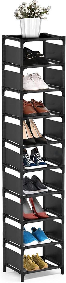 Vertical Shoe Rack, 10 Tier Narrow Shoe Rack for Closet & Entryway, Space Saving Tall Shoe Organizer for Small Spaces, Sturdy Metal Stackable Shoe Shelf Tower for Boots & Heels, Black