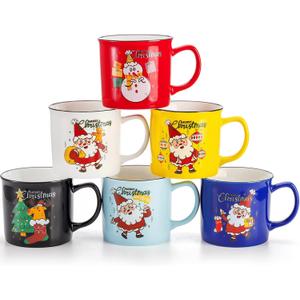 Elsjoy 6 Pack 14 Oz Christmas Coffee Mug Set, Merry Christmas Ceramic Coffee Mug Christmas Theme Mug Set, Colorful Mugs with Handle for Holiday, Christmas Gift
