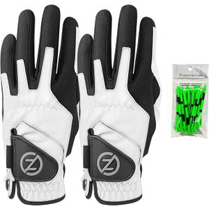 Zero Friction Men's Compression-Fit Synthetic Golf Glove, Universal Fit One Size (Pack of 2) with Pack of Golf Tees, (Black,White)