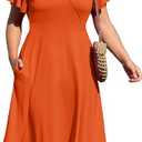 Women's Plus Size V Neck Dress Short Ruffle Sleeve Casual Summer Waistline Tunic Midi Dress with Pockets, SIZE L