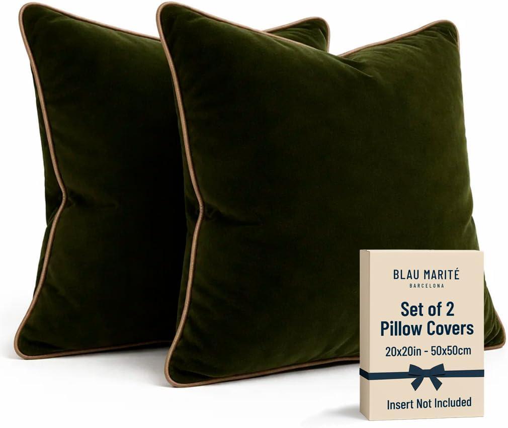 2 Pack Velvet Decorative Throw Pillow Covers, 20"x20", Green and Camel, Solid, Modern, Contrast Piping, Indoor Use, Bedroom & Living Room