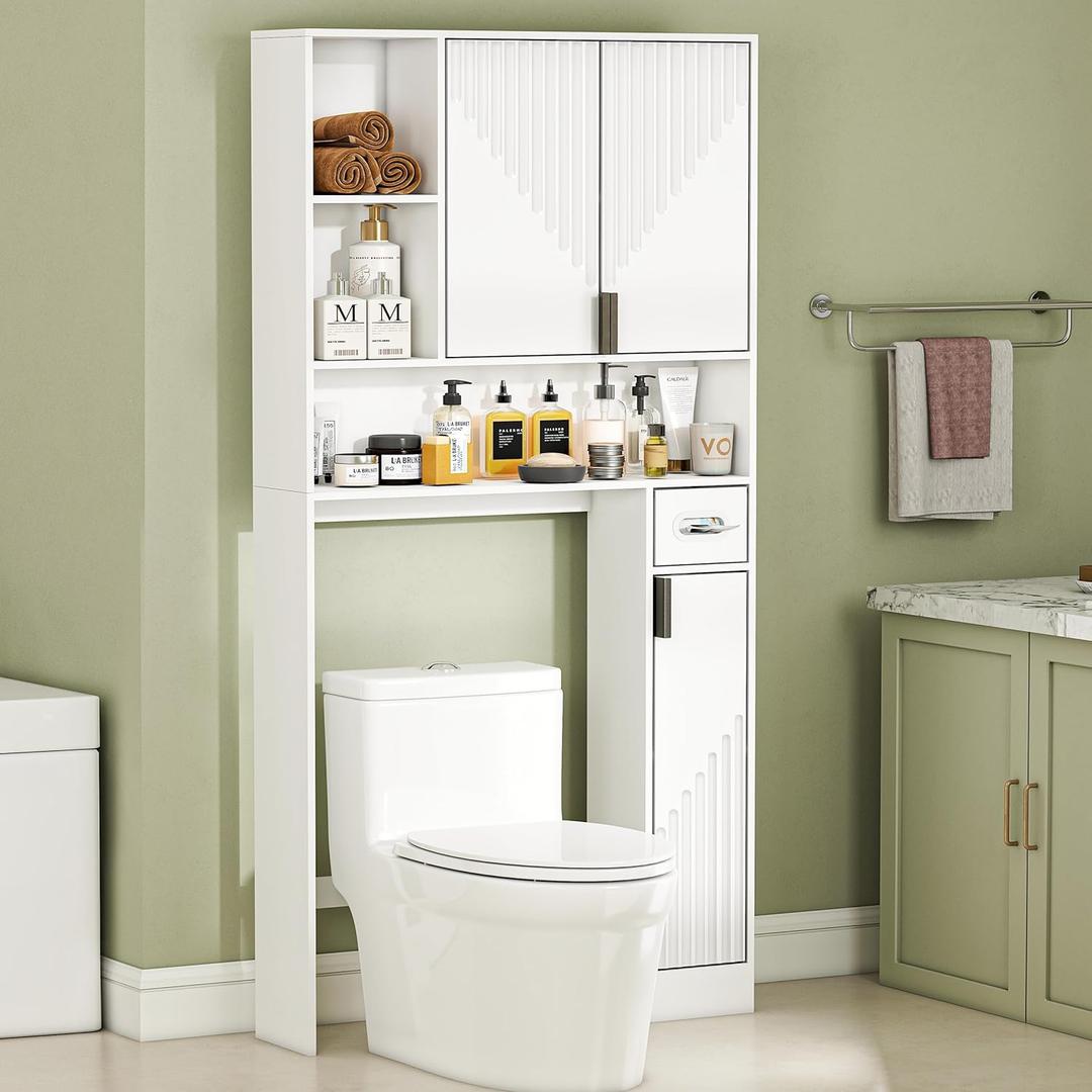 GOODONE White Over The Toilet Storage Cabinet - with 3 Doors and Toilet Paper Holder Stand, FreeStanding, for Bathroom, Restroom, Laundry