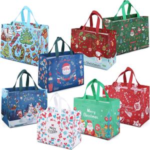 PARSUP 8PCS Christmas Gift Bags, Non-Woven Christmas Bags with Handles, Treat Tote for Gifts Wrapping Shopping, Xmas Party Supplies (Red, Green, Blue, White)