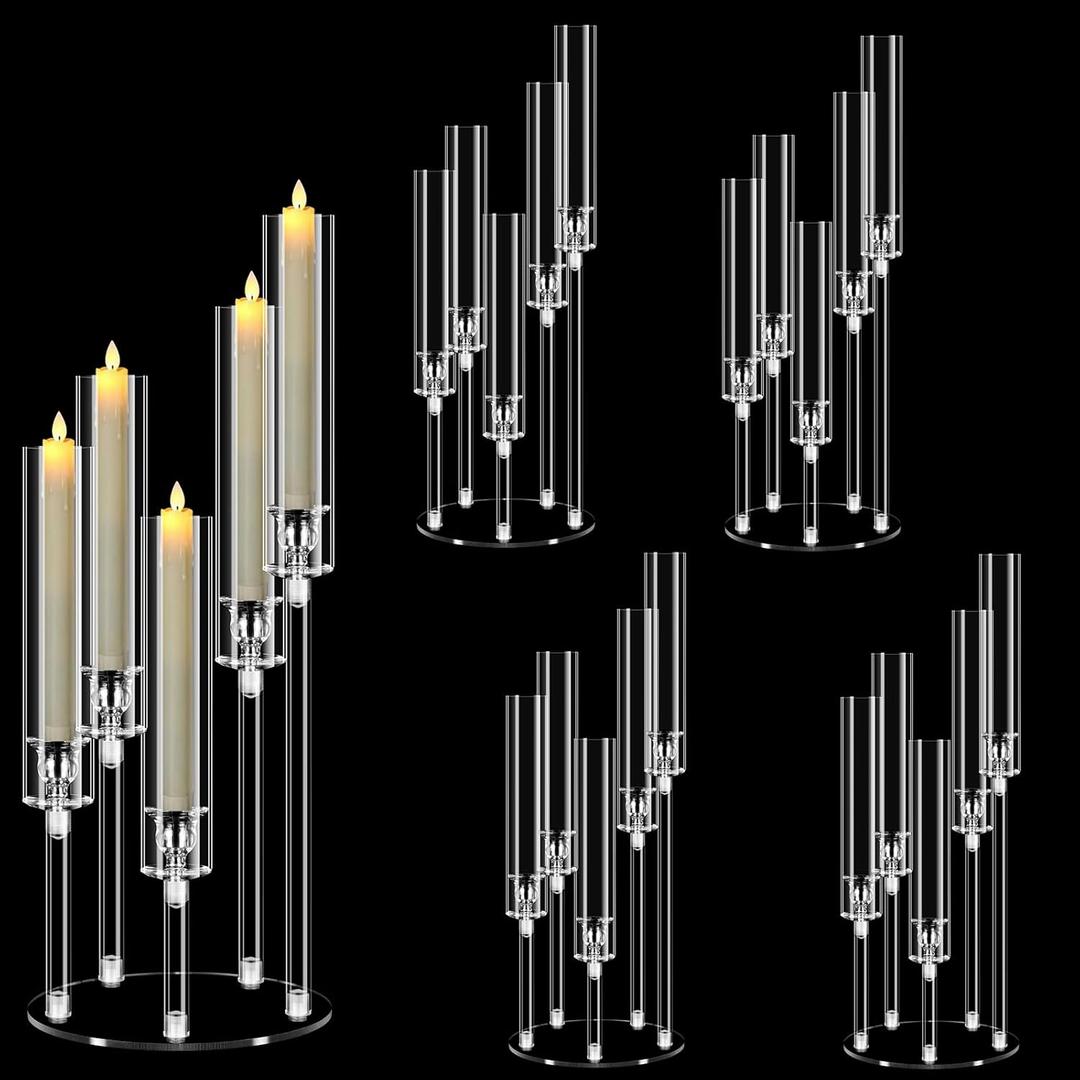 5 Arm Acrylic Candelabra Centerpieces for Tables,4 Sets Clear Candle Holder for Wedding,Home Decor,Table Decorations,22.8" Tall Candlestick Holders with Lampshade, Fits LED Candle