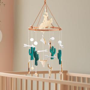 Western Cowboy Baby Mobile for Crib Boho Ceiling Nursery Mobile Wood Wind Chime Hanging Cactus Horse Hat Western Nursery Bassinet Decoration for Room Decor Photography Prop Newborn Gift
