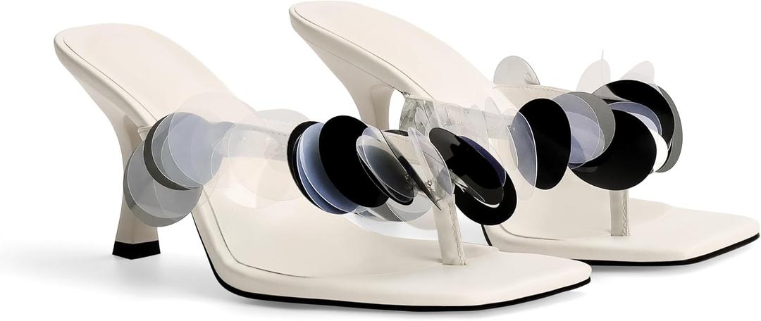 Flip Flop Heels for Women Square Open Strappy Heels Dressy Kitten Heeled Sandals with Plastic Disc Straps Comfortable Slip on Thong Slide (White, 9.5)