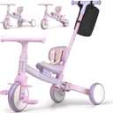 5 in 1 Toddler Tricycle with Steering Push Handle for 1 2 3 4 Years Old, Kids Trike with Removable Pedals, First Riding Toy Birthday Christmas Gift for Girls Boys, Pink