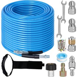 150 FT Sewer Jetter Kit for Pressure Washer, 5800PSI Water Jet Drain Cleaner Hose, 1/4 Inch NPT Corner with 4 Sewer Jetting Nozzles, Pearl Corsage Pin, Waterproof Tape, Handle Strap&2 Spanner (Blue)