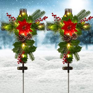 2 Pack Outdoor Solar Lights Christmas Decorations, Cross Stake Lights with Faux Poinsettia Pine Cones Red Berries and Foliage for Garden Patio Grave
