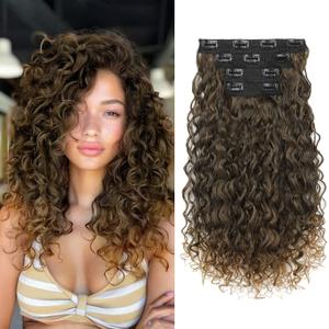Clip in Hair Extensions, FLUFYMOOZ 4PC 100 Pure Protein Silk Hair Extensions Long Soft Natural Hairpiece 16 Inch Curly Hair Extension for Women (Brown to Dirty Blonde)