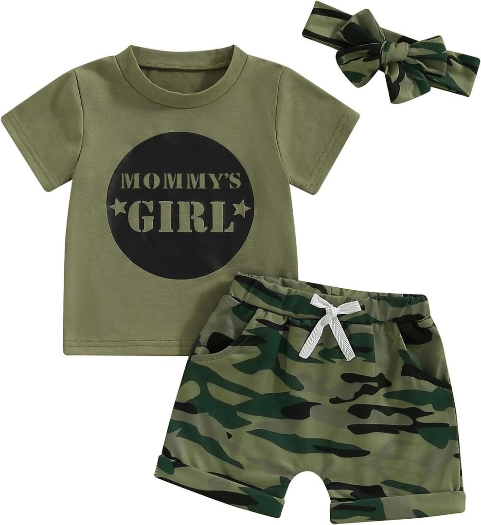 Toddler Girl Summer Clothes Daddy Mommy Girl T-shirt Baby Girl Tops Camo Shorts Set 3PCS Infant Girl Outfit, Size: 3-6 Months