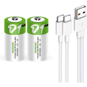 USB D Lithium ion Rechargeable Battery, High Capacity 1.5V 12000mWh Rechargeable D Battery, 4 H Fast Charge, 1200 Cycle with Type C Port Cable, Constant Output,2-Pack