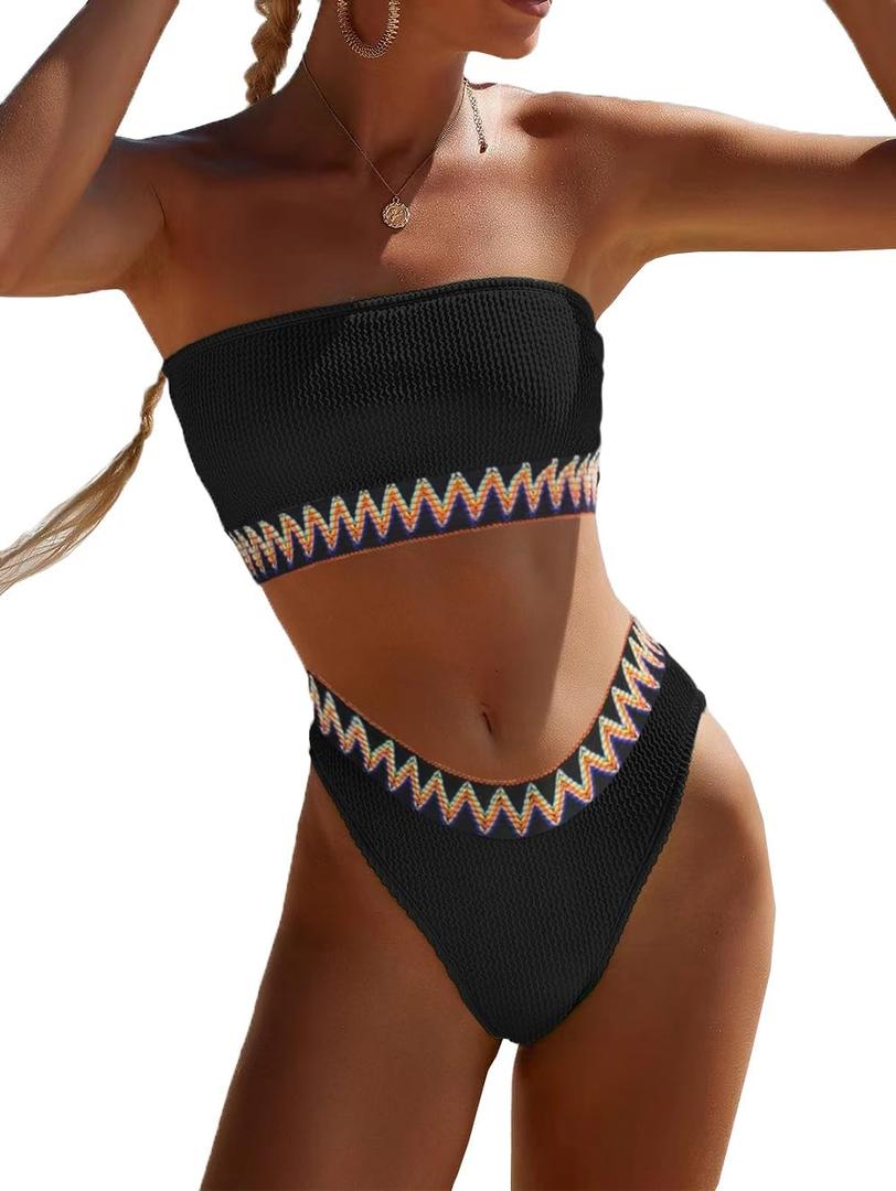 YIMISAN Women's Two Piece Bandeau Swimsuit Ribbed Strapless Tube Bikini Top with Mid Waist Cheeky Bottom Bathing Suit, Size S