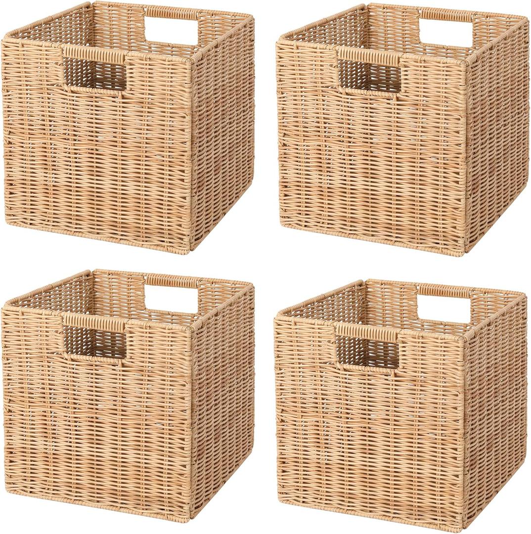 10.5 x 10.5 in Plastic Wicker Baskets for Cube Storage, Collapsible Square Wicker Storage Basket Set of 4, Rattan Storage Cube, Square Baskets for Shelves - Khaki