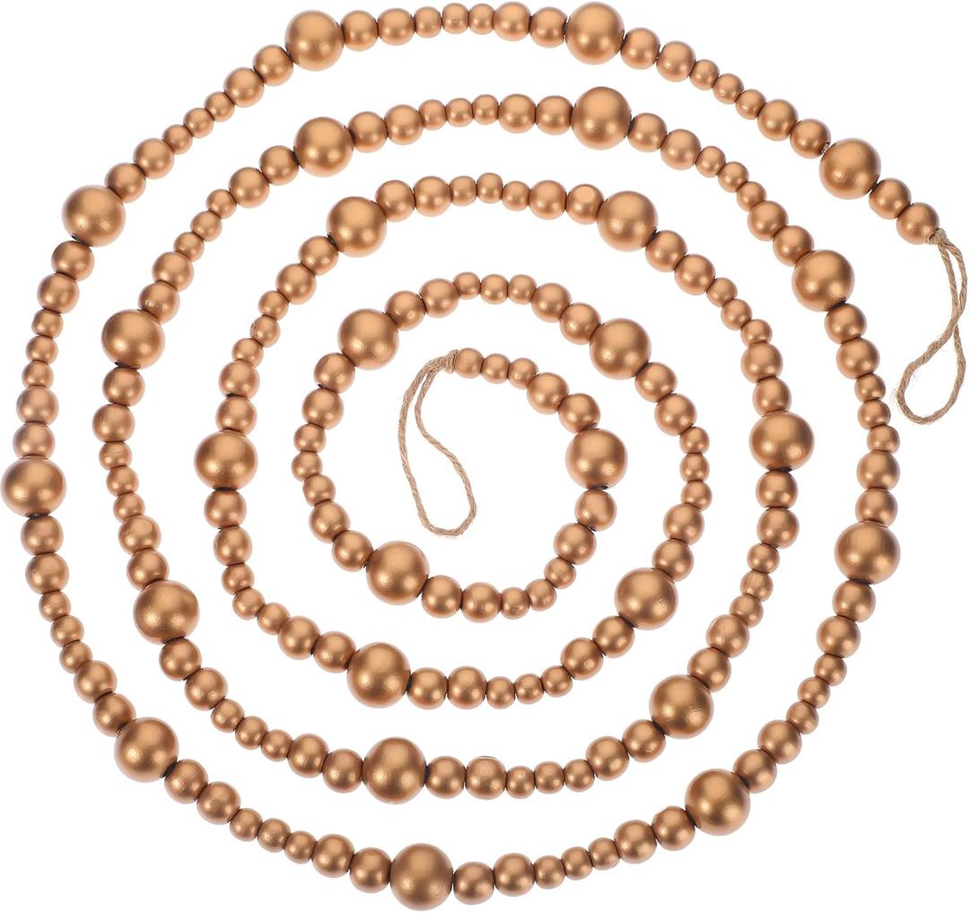 Boao 10 Feet Christmas Wooden Beads Garland Gold Christmas Tree Garland Wall Hanging Prayer Beads for Holiday Home Rustic Farmhouse Natural Boho Decor