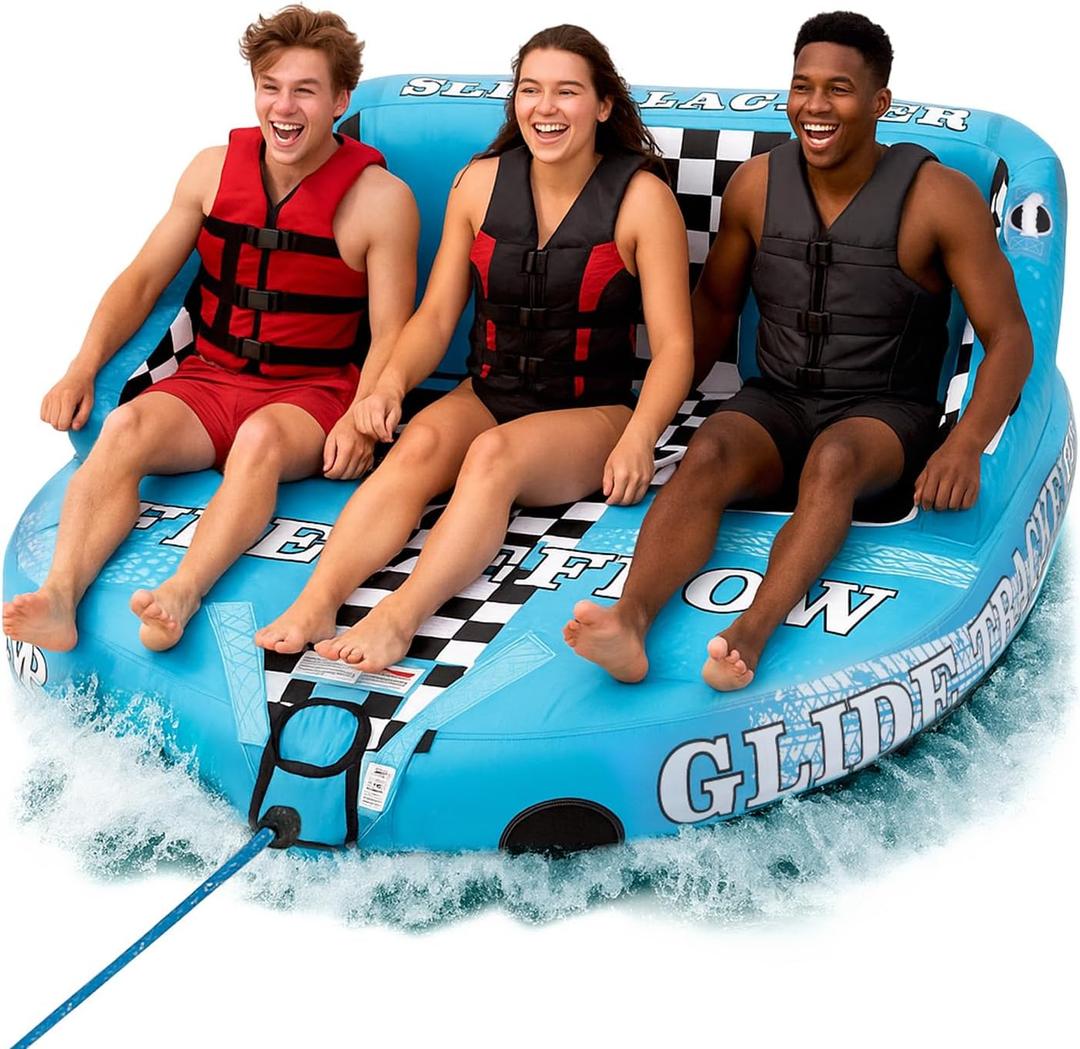 Serenelife Inflatable Towable Tube for Boating 3 Person, 4500 lbs Pulling Capacity, Deck Seats & Backrest, Premium Nylon Cover, Grab Handles, Front/Back Tow Points, Speed Safety Valve