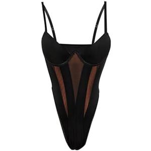 Milumia Women's Sexy Sheer Mesh Spaghetti Strap Bodysuit See Through Rave Party Cami Tops L