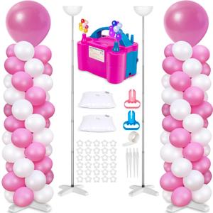 2 Sets Balloon Column Stand and Balloon Pump, Adjustable Metal 9 Feet Balloon Stands for Floor, Balloon Column kit for Baby Shower Graduation Birthday Wedding Party