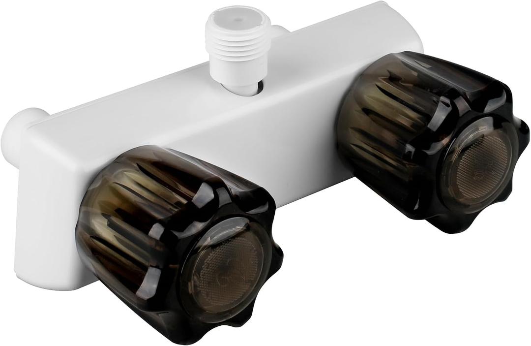 RV Shower Faucet Camper Shower Faucet Replacement, 4” Shower Valve Diverter Assembly with Dual Smoked Acrylic Knobs for Outside and Inside Bathroom, White