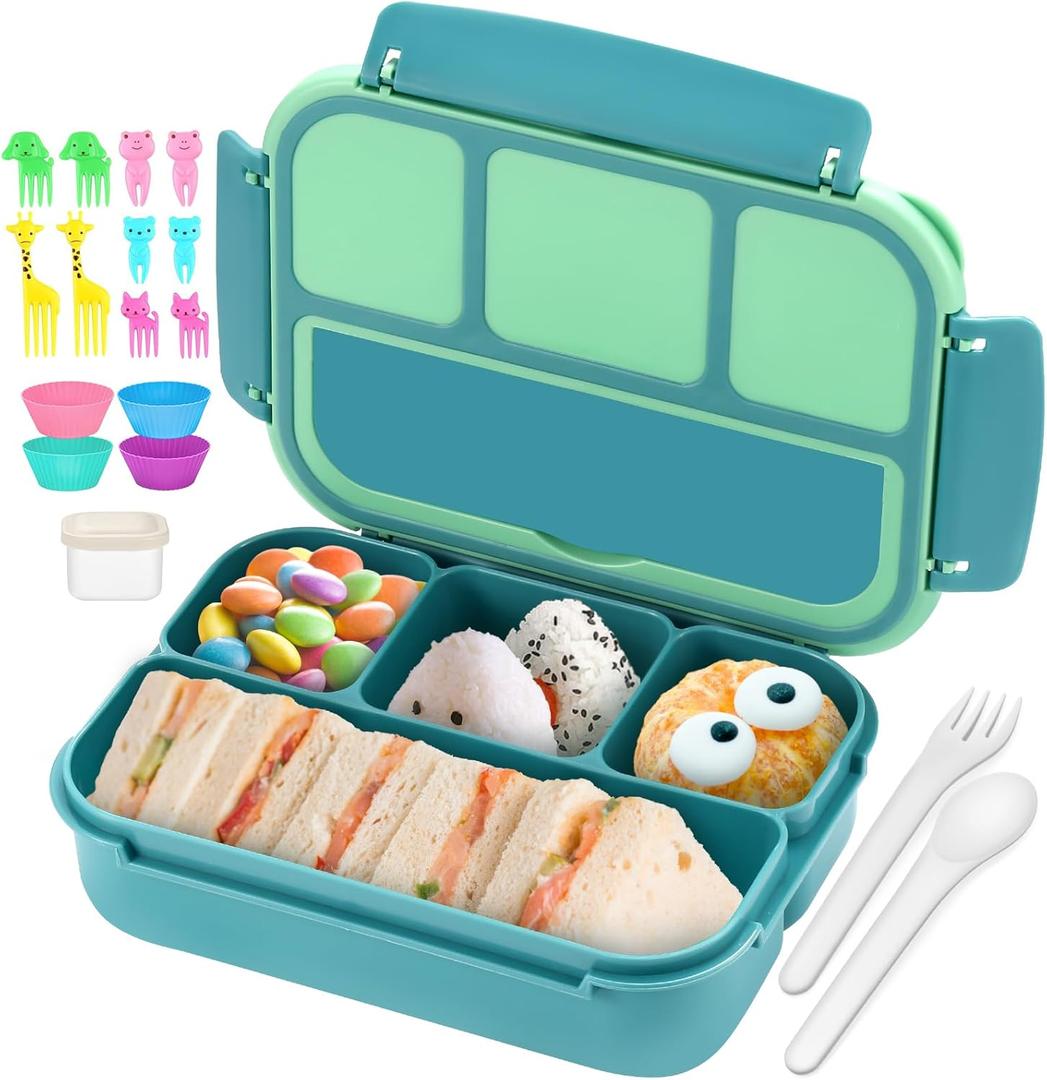 QQKO Bento Box for Kids Adults, School Toddler Lunch Box for Boys Girls, Lunch Box Containers with 4 Compartments, Sauce Container, Utensils, Food Picks and Muffin Cups for School, Green