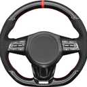 MEWANT Steering Wheel Cover for Kia Stinger (GT) 2018-2022 Accessories of Genuine Leather & Suede Hand Stitch Steering Wheel Wrap (Black hive suede + red stripe & thread)