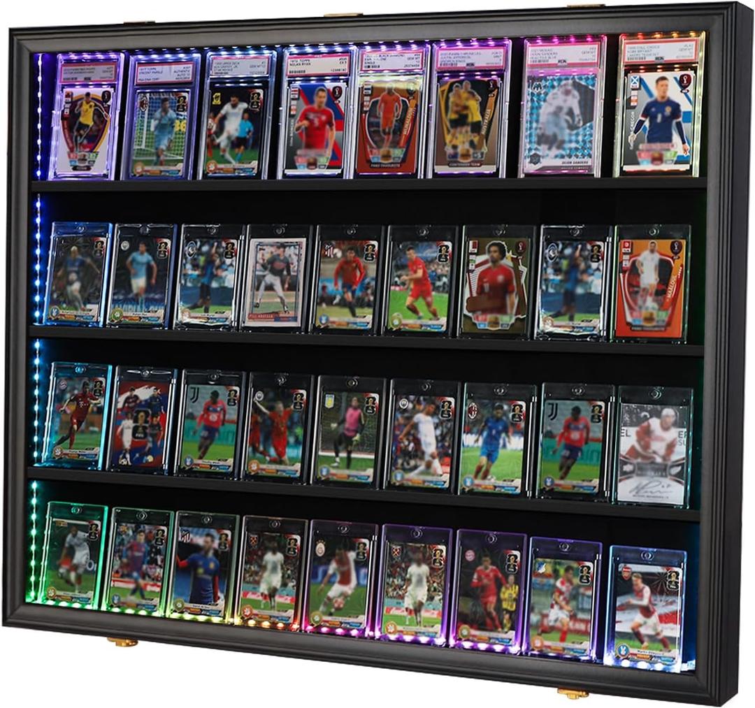 VERANI LED Baseball Card Display Case - 36 Graded Sports Card Display Frame - Holds Sport Cards with UV Protection Clear View Lockable Wall Cabinet for Football Basketball Trading Card Horizontal