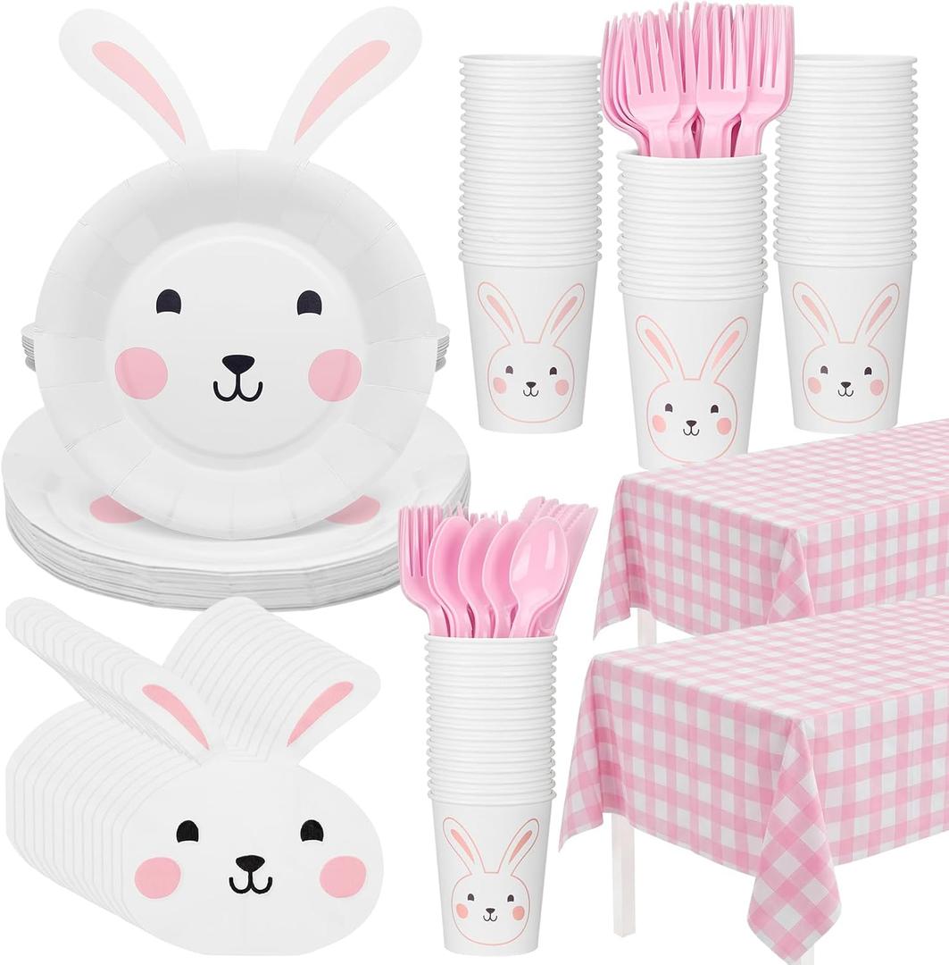 Qinyoung 147 Pcs Bunny Birthday Decorations Easter Tableware Party Supplies Some Bunny Is One Decorations Include Easter Party Plates Napkins Paper Cup Fork and Spoon Tablecloth, Serve 24 Guests