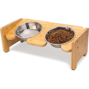 Toozey Elevated Cat Bowl, 15 Tilted Adjustable Raised Stand with Non-Slip Feet and 16oz Double Dish for Water and Food, Widen Stainless Steel Bowls(Non-Whisker Fatigue) for Cats and Puppy