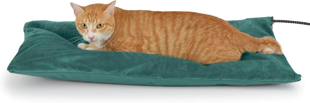 Outdoor Heated Cat Bed, Soft Pet Heating Pad with Steel-Wrapped Cord, Outside Pet Warmer for Feral Cats and Dogs, 27.5" x 15.7", 50 Watts (Green)