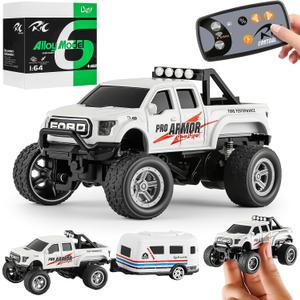 Power Monster Truck with Camping Trailer, 1:64 Scale Die-Cast Alloy, Remote Control Car with LED Lights, 2.4GHz, 3-Speed, for Kids 4-8 Years (White)