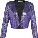 Women's Sequin Shrug Jacket Long Sleeve Open Front Glitter Blazer Bolero Wedding Party Sparkly Cropped Cardigan (Purple, M)