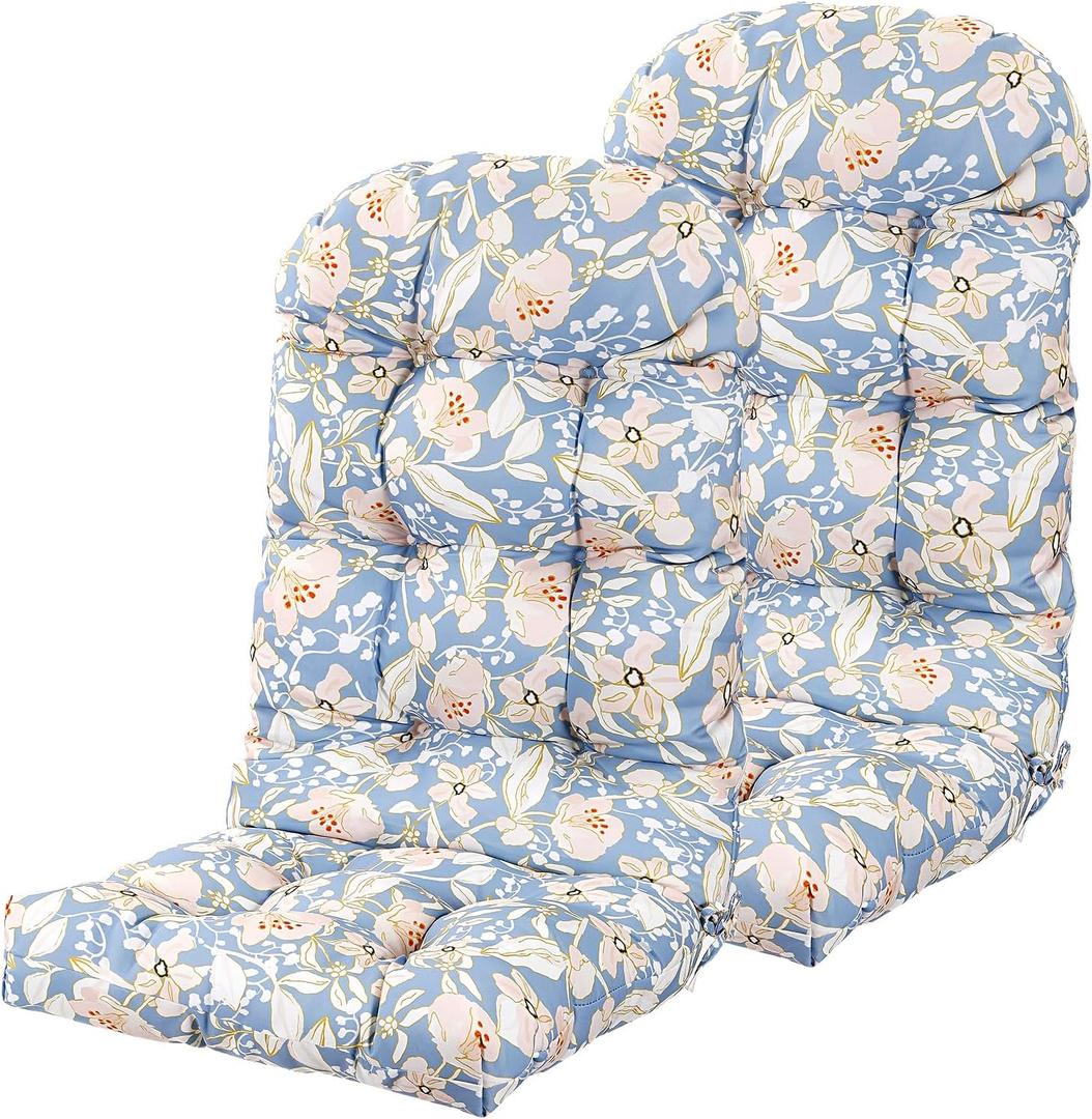 Adirondack Chair Cushions Set of 2, High Back Patio Chair Cushions 48 x 19.7 x 4.7 Inch, Indoor/Outdoor Thickened Rocking Chair Cushion, Fade-Resistant & Waterproof (Flower Blue)