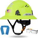 Full Brim Hard Hat ANSI Z89.1 Type 1 & OSHA Certified Safety Helmet with Glasses and Cooling Towel,with 6-Point Suspension & Adjustable Vents (Green)
