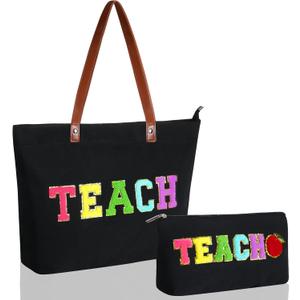2 Pcs Tote Bag Gift for Teacher Nurse Dance Appreciation Gift Women Preppy Makeup Bag Chenille Letter Decor