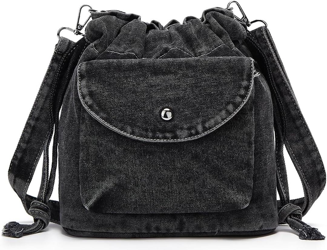 Womens Small Denim Shoulder Crossbody Bag Jean Bucket Tote Bag Drawstring Lightweight Phone Purse Handbags (Black)