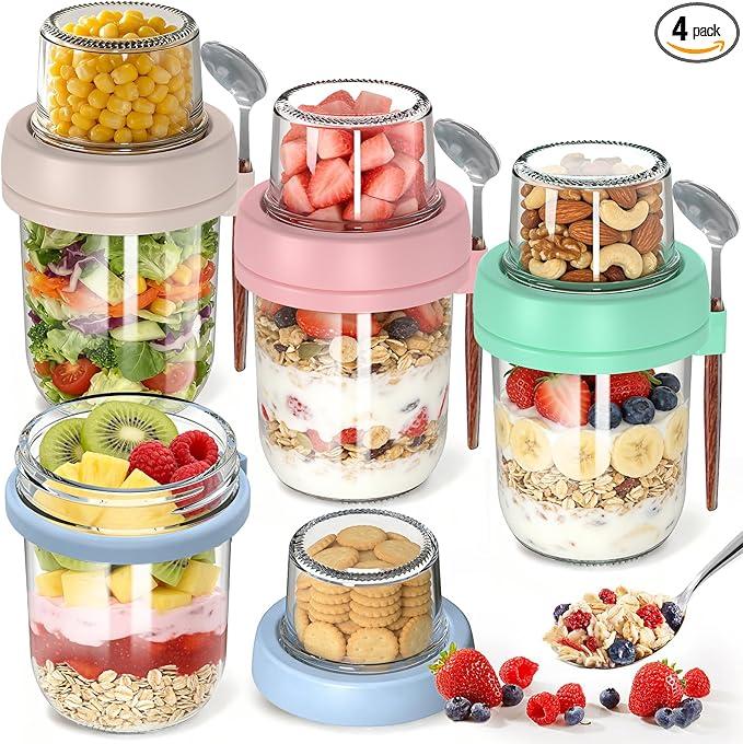 4 Pack Overnight Oats Containers with Lids and Spoons, 20 oz (16+4) Overnight Oats Jars with Dry and Wet Separation for Oatmeal Cereal Fruit Salad Yogurt, DualLayer Yogurt Containers with Lids