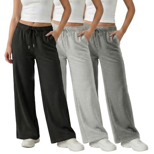 Common Stitch 3 Pack Wide Leg Fleece Lounge Sweatpants for Women — Deep Pockets, Relaxed Fit, Elastic Drawstring Waist, L