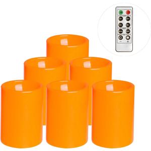 Flameless Flickering Plastic Led Candle, 6-Pack Battery Operated Pumpkin Color Remote Candle With Timer ,Fall, Autumn, Halloween Outdoor Decorations, 3x4 inch