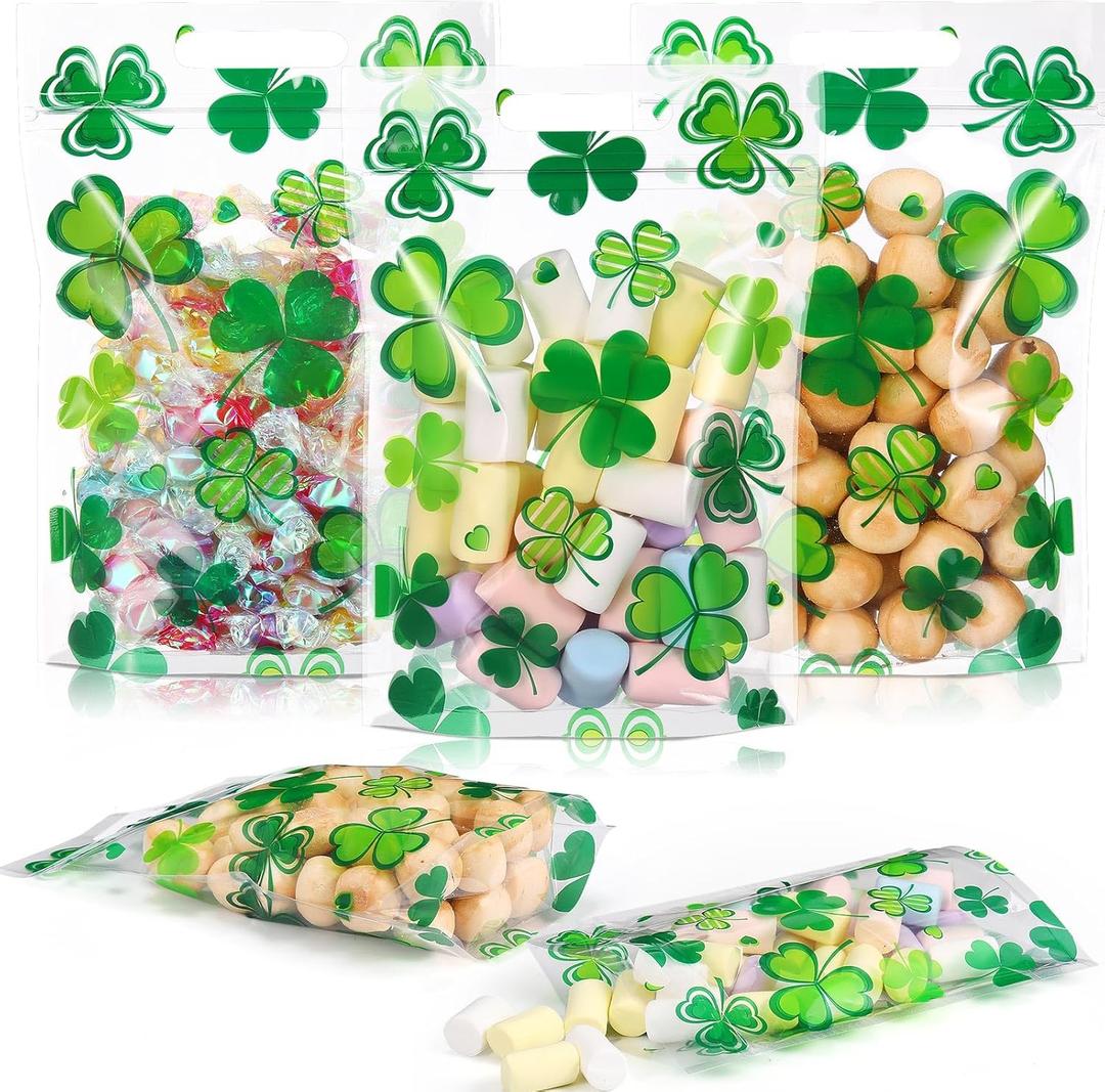 Frienda 60 Pcs St Patrick's Day Treat Bags Bulk Plastic Shamrock Zip Candy Bags Bulk Green Irish Party Favor Gifts with Handles for Saint Patrick's Day Leprechaun Birthday Party Supplies