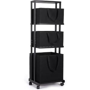 Homde Laundry Basket 3 Tier Bamboo Storage Shelf with Wheels Removable Storage Basket with Handle Freestanding Clothes Hamper Organizer for Bathroom Living Room Bedroom (Black), 16.54" x 13.4" x 47.64"