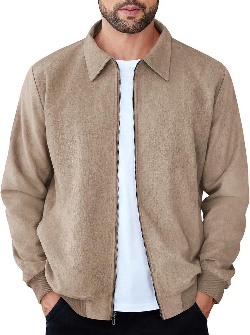 COOFANDY Men's Casual Suede Bomber Jacket Lightweight Full Zip Up Jackets Vintage Faux Leather Jacket L